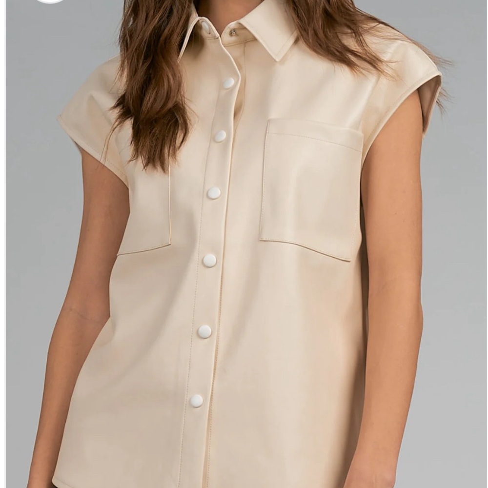 Elan Cap Sleeve Faux Leather Button Down Top
